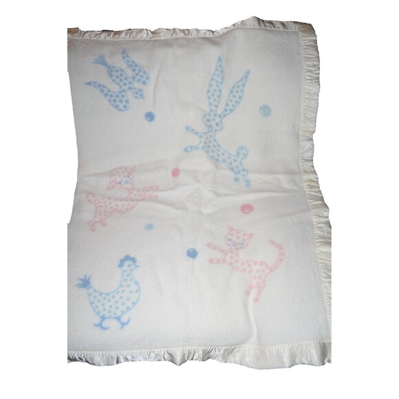 Vtg Baby Chatham Animals Rabbit Cat Bird Lamb Wool Baby Blanket Satin Edge - Picture 1 of 11